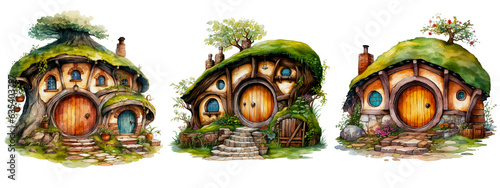 set of a Hobbit house watercolor style isolated on transparent background photo
