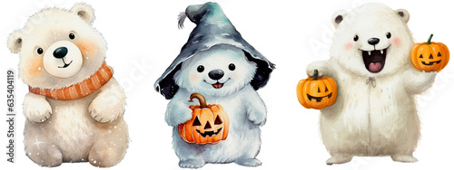 Set of cute Polar bear on Halloween in watercolor © VeloonaP