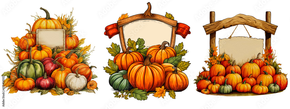 Set of Vintage pumpkin decoration watercolor style. Vintage illustration of a farmer's market sign for a pumpkin patch isolated on transparent background, png  - obrazy, fototapety, plakaty 