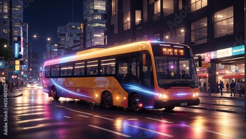 "Urban Pulse: Bus Lights Streaking Through the Night Cityscape"