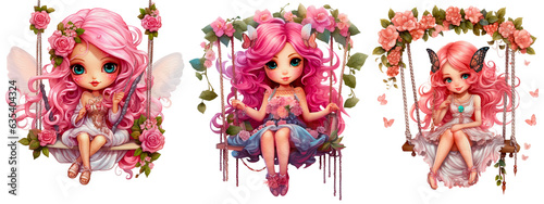 Set Happy Pink Girls Swing Isolated on White Background. Little princes Characters Sitting on a sweet swing in watercolor, generative AI