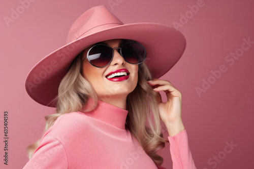 portrait of a woman in pink hat in front of a pink background