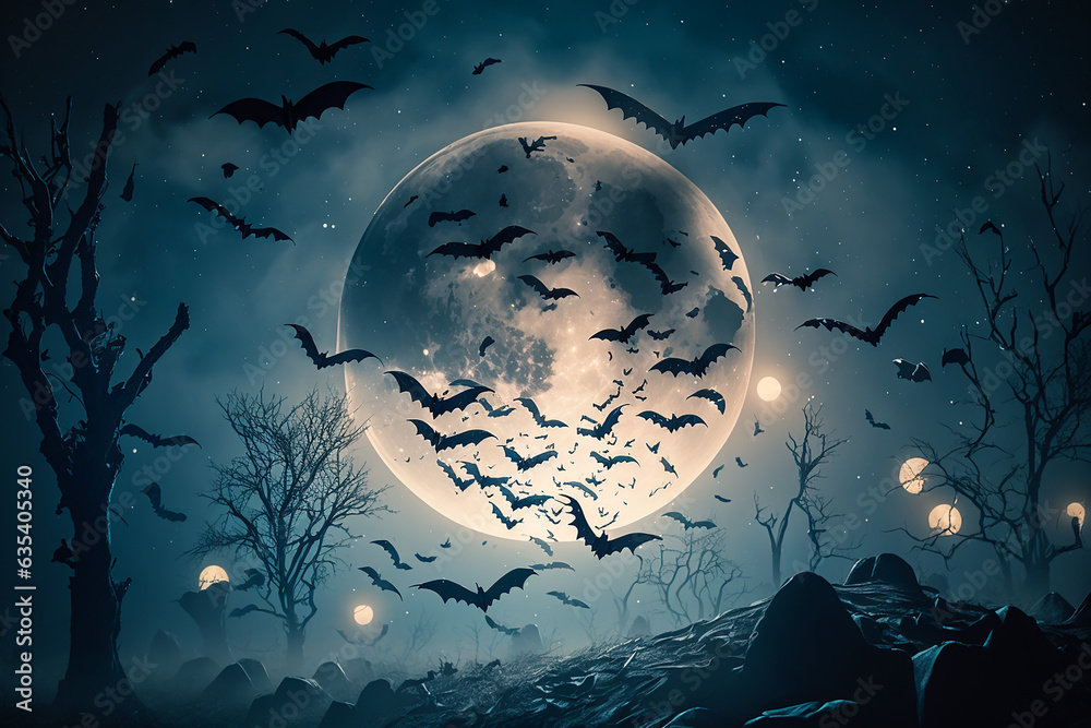 Moody night scene with flying bats on sky and moon background Moody night scene with flying bats on sky and moon background
