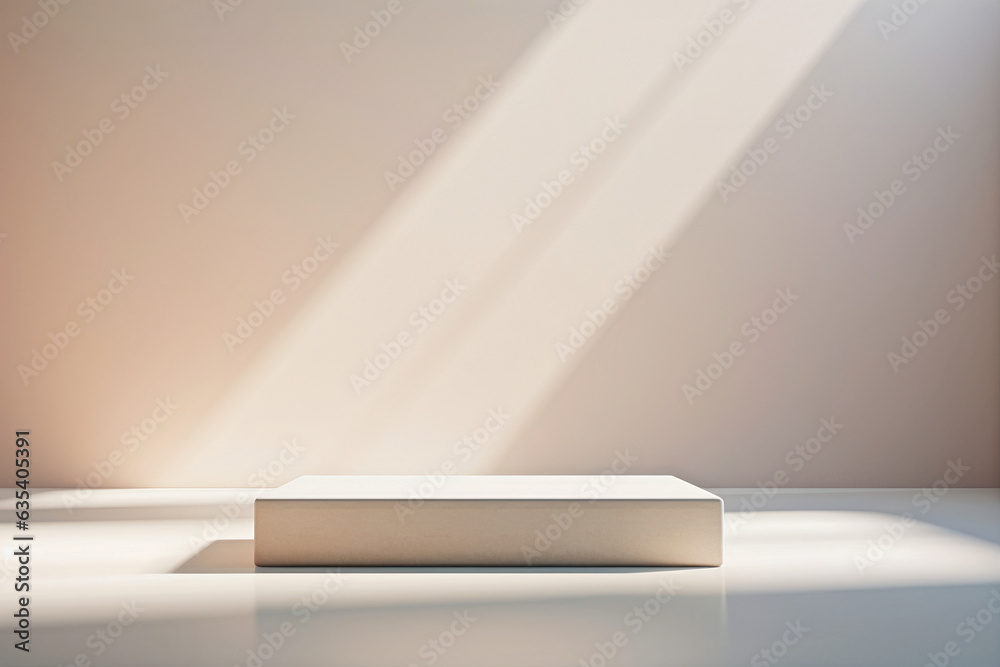 Rectangular podium in the studio room in the rays of sunlight. Stage for product promotion and advertising. Generative AI Rectangular podium in the studio room in the rays of sunlight. Stage for product promotion and advertising. Generative AI