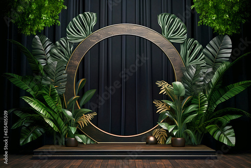 Dark podium with round frame and green tropical leaves. Generative AI