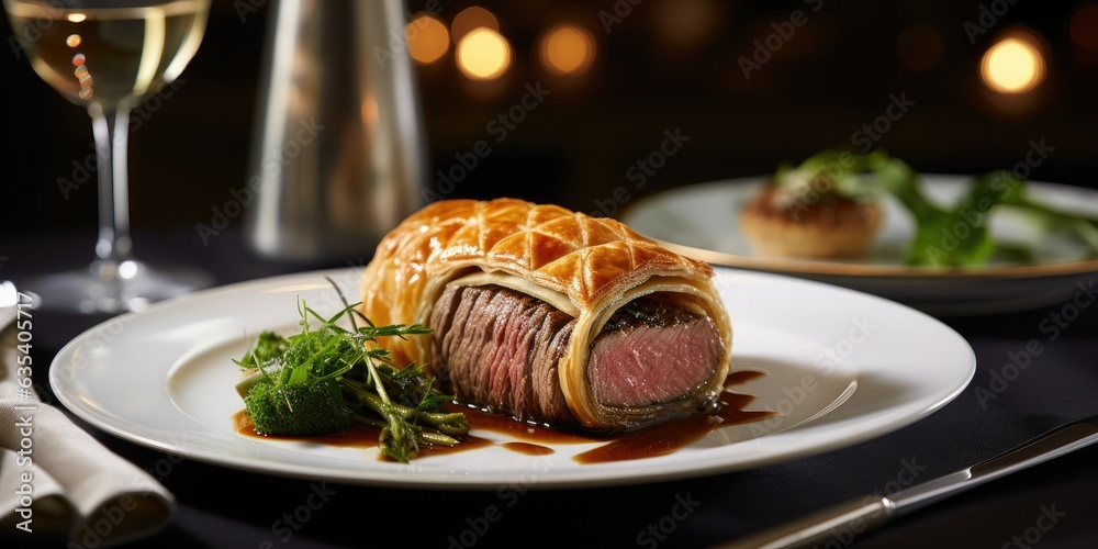 Beef Wellington, an elegant dish wrapped in pastry. A high-end restaurant, where sophistication meets savory indulgence. 🥩🍾👨‍🍳