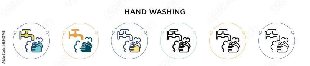 Hand washing icon in filled, thin line, outline and stroke style. Vector illustration of two colored and black hand washing vector icons designs can be used for mobile, ui, web
