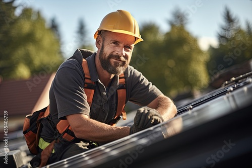 Worker installing solar panels on a roof. 