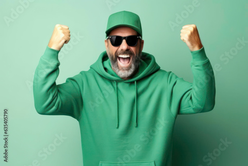 man in green hoodie with sun glasses and a green hat in front of a green studio background