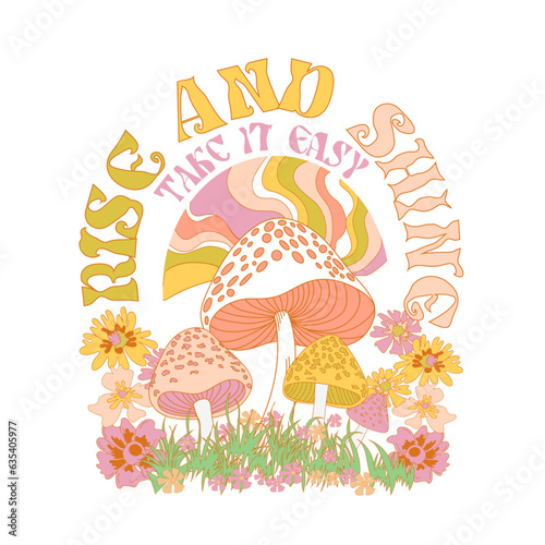 natural groovy vibes, Mushroom Slogan Print with Hippie Style Mushroom and Flowers Background - 70's Groovy Themed Hand Drawn Abstract Graphic Tee Vector Sticker