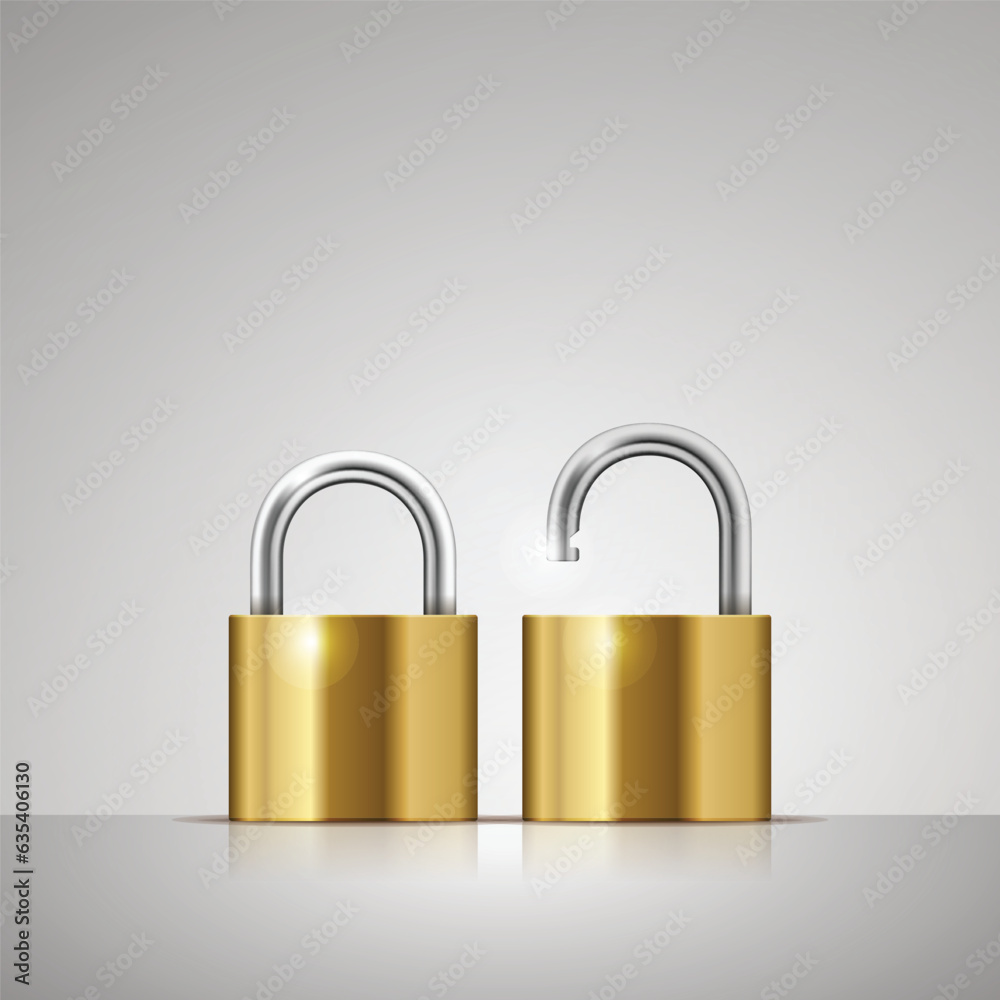 Vector 3d Realistic Closed Metal Golden and Gold Padlock Icon Set Closeup Isolated on White Background. Design Template of Gold, Steel Lock for Protection Privacy, Web and Mobile Apps, Logo Vector 3d Realistic Closed Metal Golden and Gold Padlock Icon Set Closeup Isolated on White Background. Design Template of Gold, Steel Lock for Protection Privacy, Web and Mobile Apps, Logo