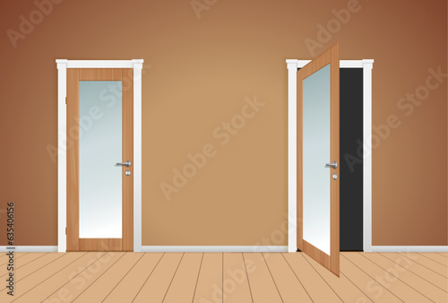 Open end closed door. Interior design. Business concept. Front view. Home office concept. Business success.