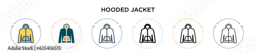 Hooded jacket icon in filled, thin line, outline and stroke style. Vector illustration of two colored and black hooded jacket vector icons designs can be used for mobile, ui, web