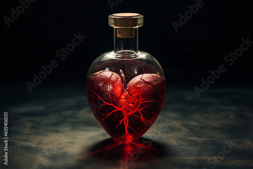 An artistic representation of love and life with a heart-shaped vial, delicately holding the essence of existence - blood