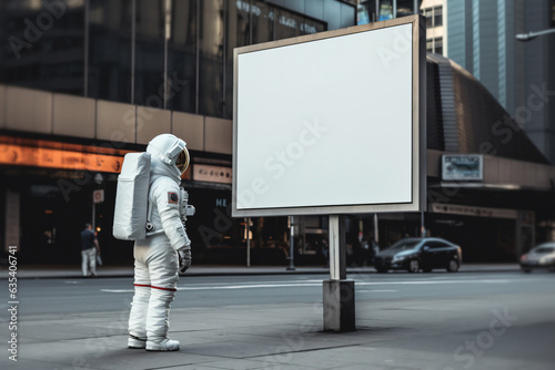 Astronaut looking at blank advertising billboard on a city street, display blank screen or signboard mockup for offers or advertisement, copy space