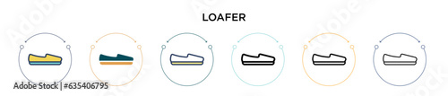 Loafer icon in filled, thin line, outline and stroke style. Vector illustration of two colored and black loafer vector icons designs can be used for mobile, ui, web