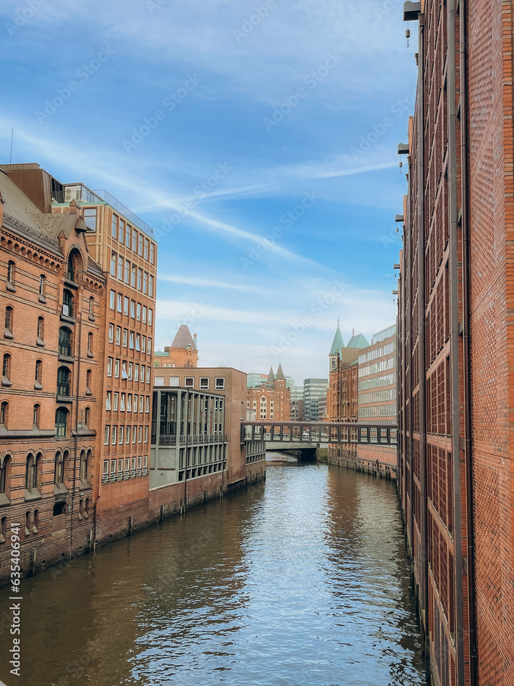 View of the Speicherstadt in Hamburg during mid day, Hamburg, Germany