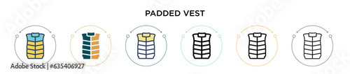 Padded vest icon in filled, thin line, outline and stroke style. Vector illustration of two colored and black padded vest vector icons designs can be used for mobile, ui, web