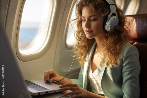 A businesswoman working on a laptop while flying, Generative Ai © zainab