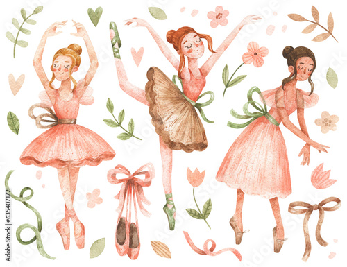 Hand-drawn illustrations of ballerina girls in pink dresses in different ballet positions. Watercolor set of cartoon ballet dancers, flowers, pointe shoes and ribbons.