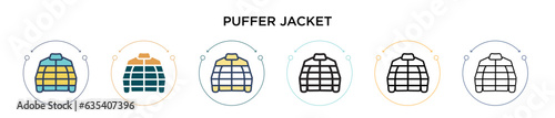 Puffer jacket icon in filled, thin line, outline and stroke style. Vector illustration of two colored and black puffer jacket vector icons designs can be used for mobile, ui, web