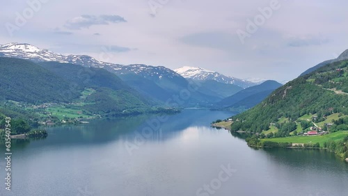 Aerial view of mountain landscape and Vågåvatnet lake in Vågå, Norway