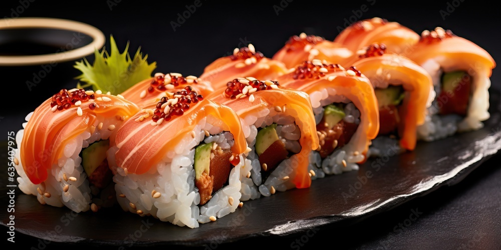 apanese Rolled Sushi with Ginger and Soy Sauce Sushi with salmon, tuna, shrimp apanese Rolled Sushi with Ginger and Soy Sauce Sushi with salmon, tuna, shrimp