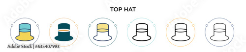 Top hat icon in filled, thin line, outline and stroke style. Vector illustration of two colored and black top hat vector icons designs can be used for mobile, ui, web