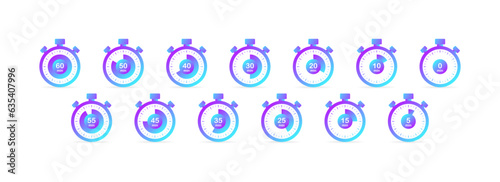 Stopwatch icons. Flat, color, stopwatches with different times. Vector illustration