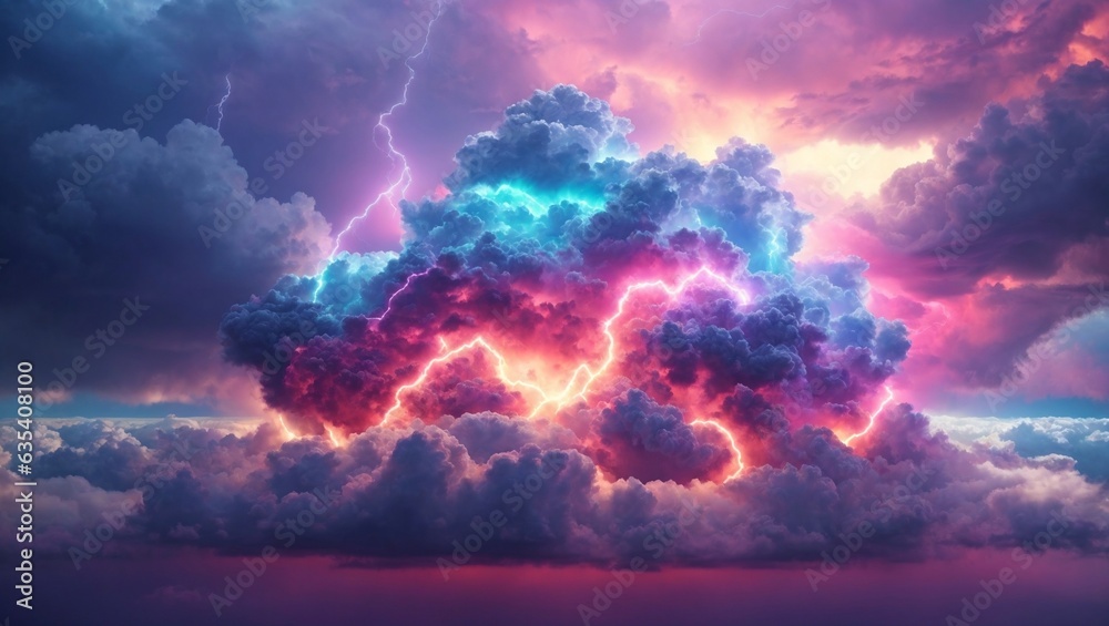 Colored storm clouds, bright fantasy clouds, thunderstorm with neon multicolored bright lightning and flashes. Thunder and rays of the setting sun.