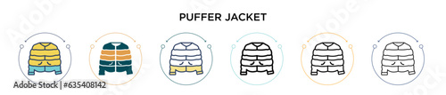 Puffer jacket icon in filled, thin line, outline and stroke style. Vector illustration of two colored and black puffer jacket vector icons designs can be used for mobile, ui, web