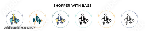 Shopper with bags icon in filled, thin line, outline and stroke style. Vector illustration of two colored and black shopper with bags vector icons designs can be used for mobile, ui, web