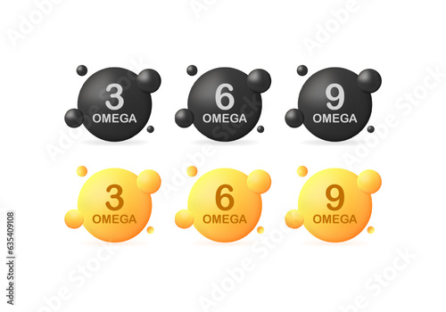 Omega 3, 6, 9 vitamins. Different styles, omega 6, omega 9, vitamins icons. Vector icons