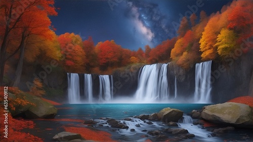 滝と秋の夜空/Generative AI © 　Coro