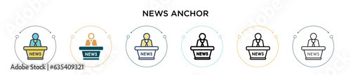 News anchor icon in filled, thin line, outline and stroke style. Vector illustration of two colored and black news anchor vector icons designs can be used for mobile, ui, web