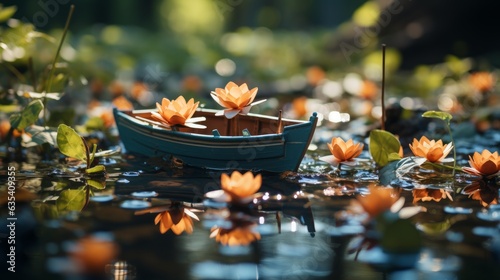 A paper boat floating on a pond. AI generated