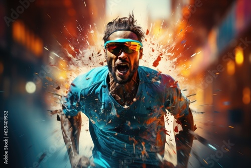 Energetic Runner Runner in motion with vibrant background - stock photo concepts