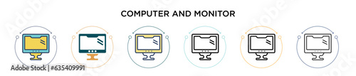 Computer and monitor icon in filled, thin line, outline and stroke style. Vector illustration of two colored and black computer and monitor vector icons designs can be used for mobile, ui, web