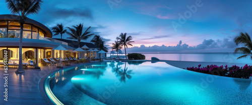 Tableau sur toile Luxurious tropical resort pool in the night. Generative AI