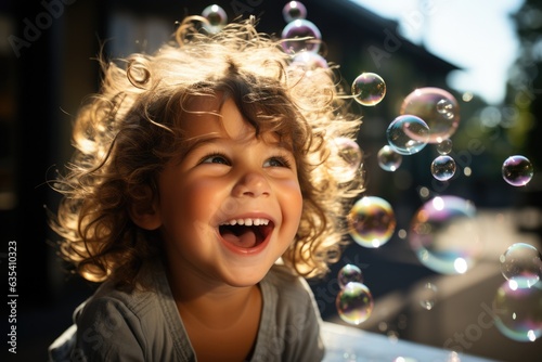Ephemeral Bliss Child blowing bubbles and laughing - stock photo concepts