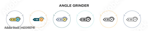 Angle grinder icon in filled, thin line, outline and stroke style. Vector illustration of two colored and black angle grinder vector icons designs can be used for mobile, ui, web