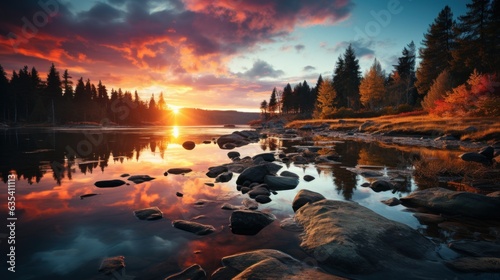 A vibrant sunrise reflecting on a lake. AI generated © PandaStockArt