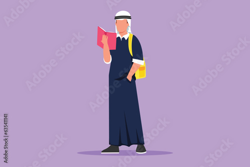 Character flat drawing smart guy standing and reads book that holds in one hand at school. Arab man love to read in library. Male students with open books in hands. Cartoon design vector illustration
