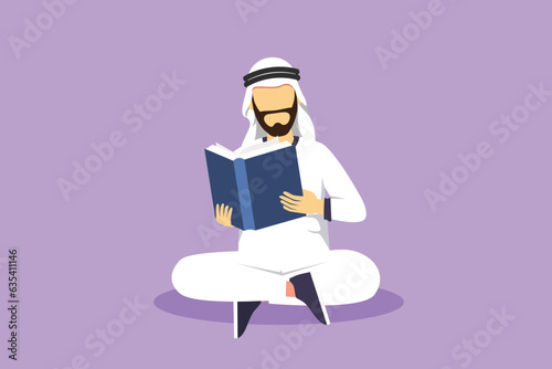 Character flat drawing man is sitting on floor reading book. Arabian student is preparing for the exam, applicant is preparing for admission, book lover is reading. Cartoon design vector illustration