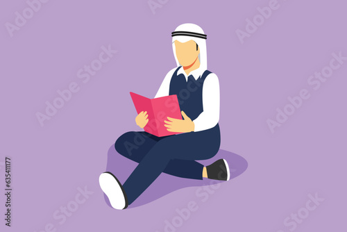 Graphic flat design drawing smart student preparing for exam at home. Arabian man studying and reading book at school library. Male reader sitting on floor, learning. Cartoon style vector illustration