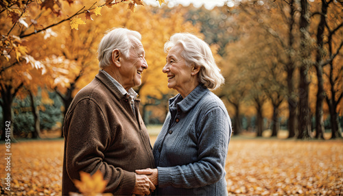 photo of happy elderly pair holding hands and looking with love in eyes autumn park, generative AI