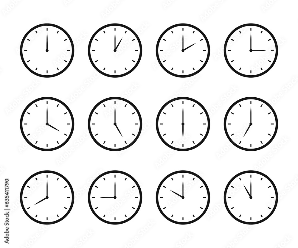 Set of clock icon for every hour. 12 hour clock icon. Clock icon Vector illustration Set of clock icon for every hour. 12 hour clock icon. Clock icon Vector illustration