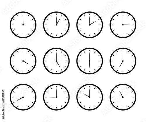 Set of clock icon for every hour. 12 hour clock icon. Clock icon Vector illustration