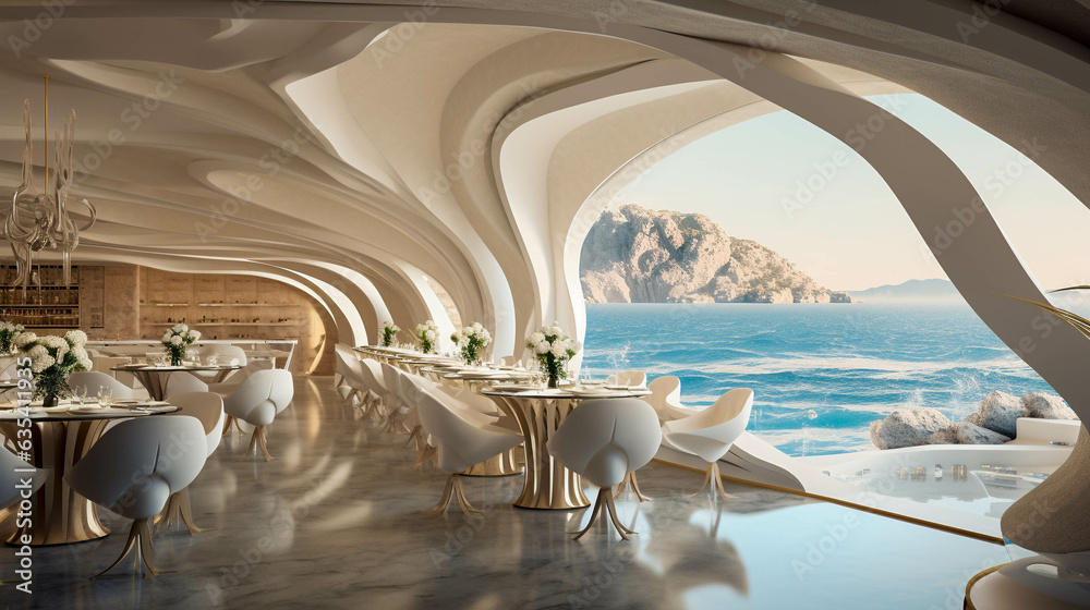 Interior View Of Futuristic Restaurant Inside The Floating Resorts Above The Sea. Ultra Modern Building For Elite People. Generative AI - obrazy, fototapety, plakaty 