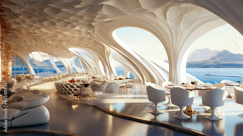 Futuristic Restaurant Inside The Floating Resorts Above The Sea And The Ocean. Luxury Dining For Elite People. Generative AI © Immersive Dimension